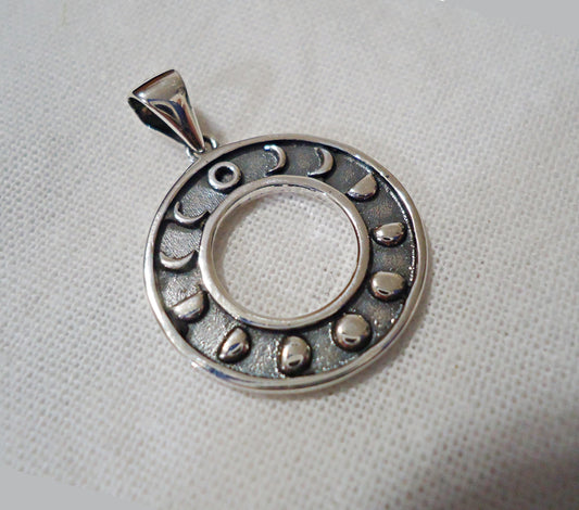 Round Moon Phases Pendant, Sterling Silver, 20mm Wide with Soldered Bail