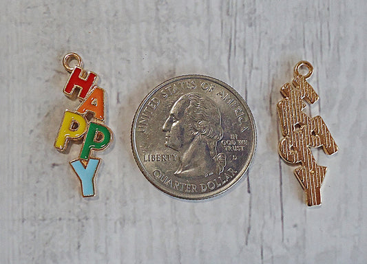 H-A-P-P-Y Charms, Rainbow and Gold, Colorful Happy Charms , 1 1/8" Tall