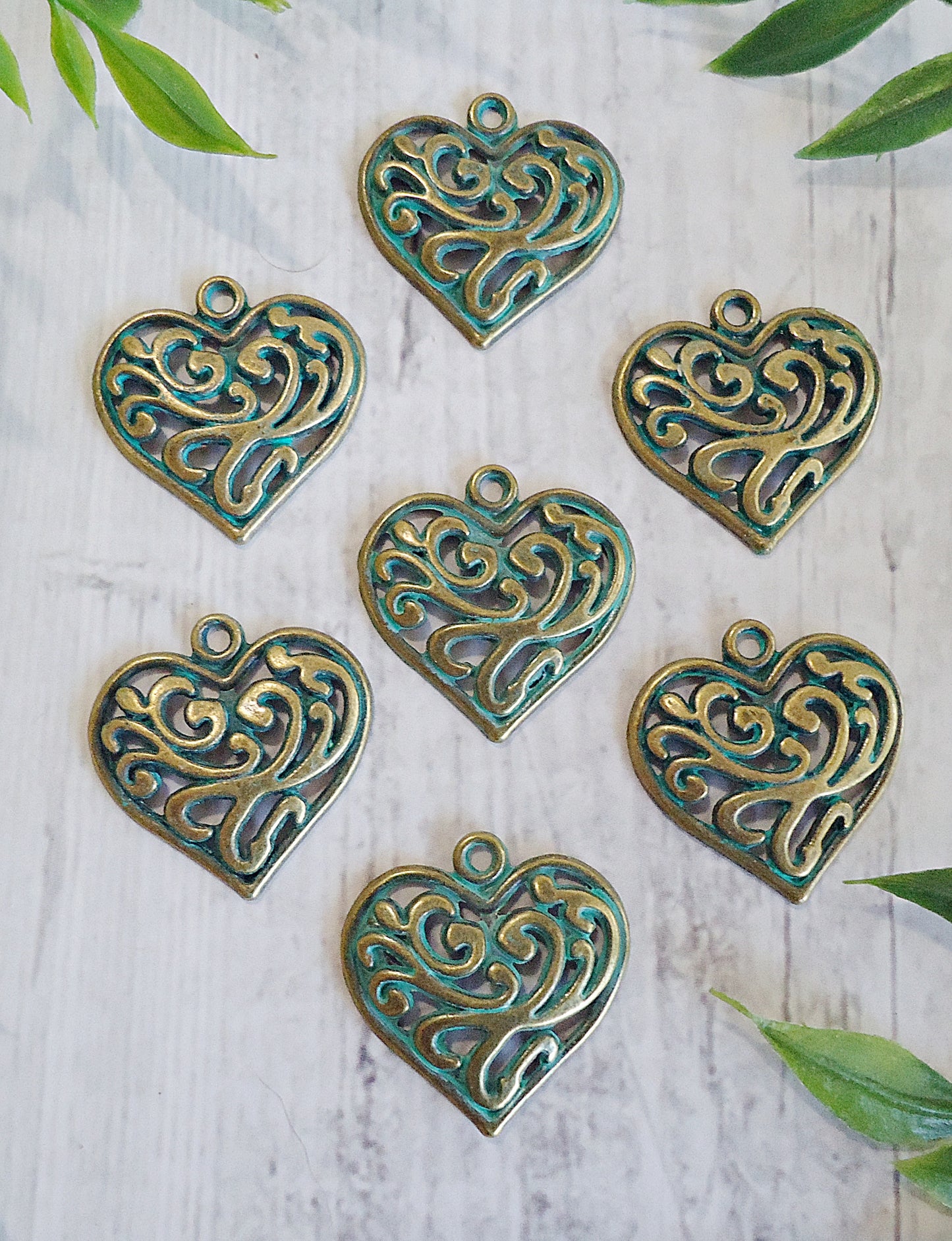 Bronze Heart Charms with Green Patina, 7/8" Tall, Set of 10
