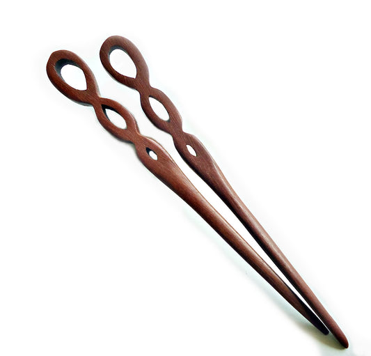 Seven Inch Sturdy Wooden Hair Sticks, Carved, Leaves, Swirls, Antlers, Tendrils, Graduated Circles, Hearts, Open Waves