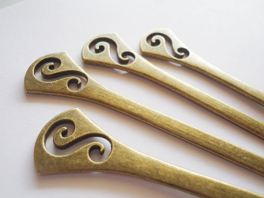 Metal Hair Sticks, 5" Long, Simple Swirl Design, Silver or Bronze, Set of 2