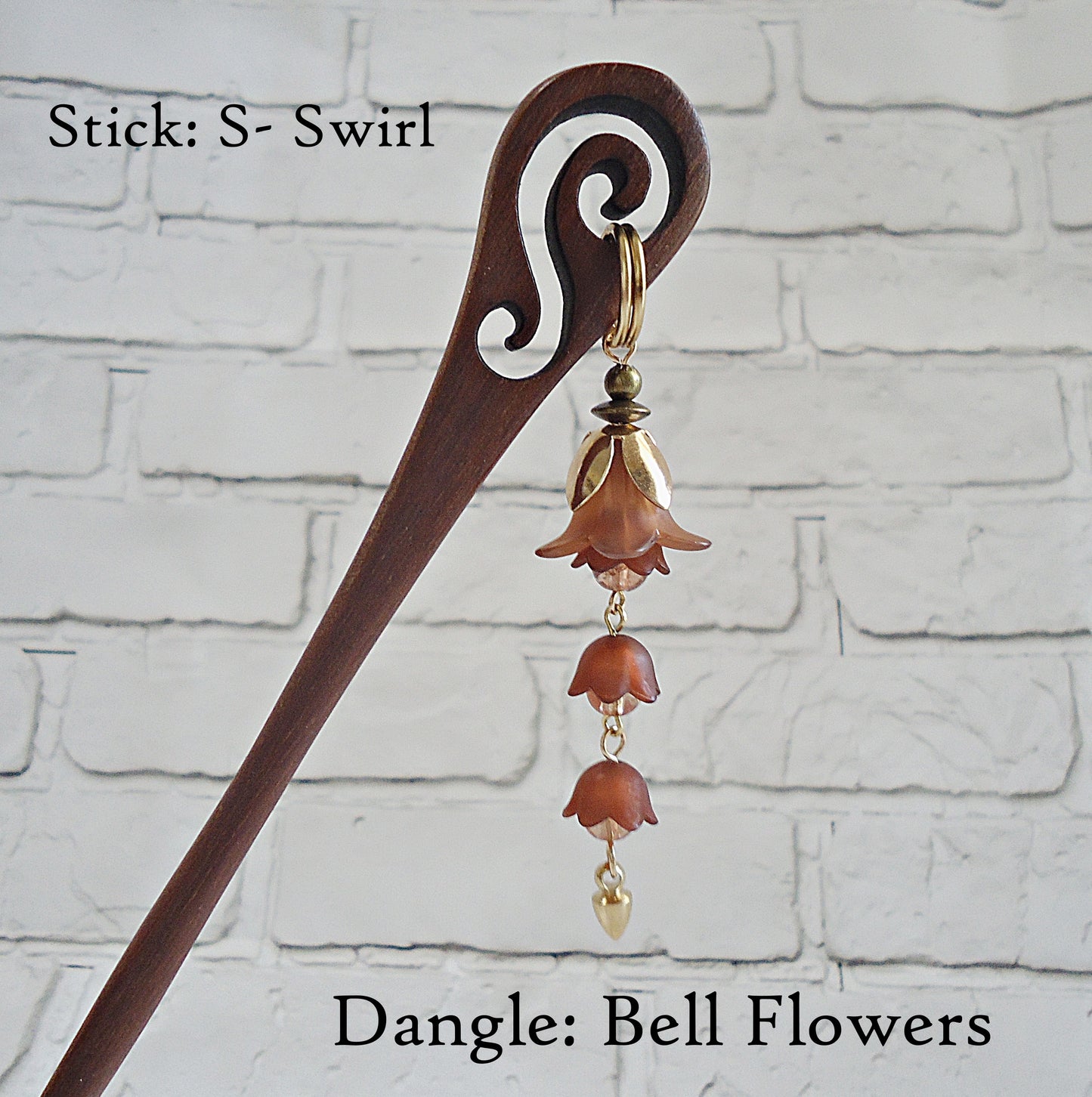 Carved Wooden Hair Sticks - 7" Long - Dark Brown - Lily of the Valley Tulip Bell Flowers, Bronze Feathers, Bronze Celtic Nature, Customize