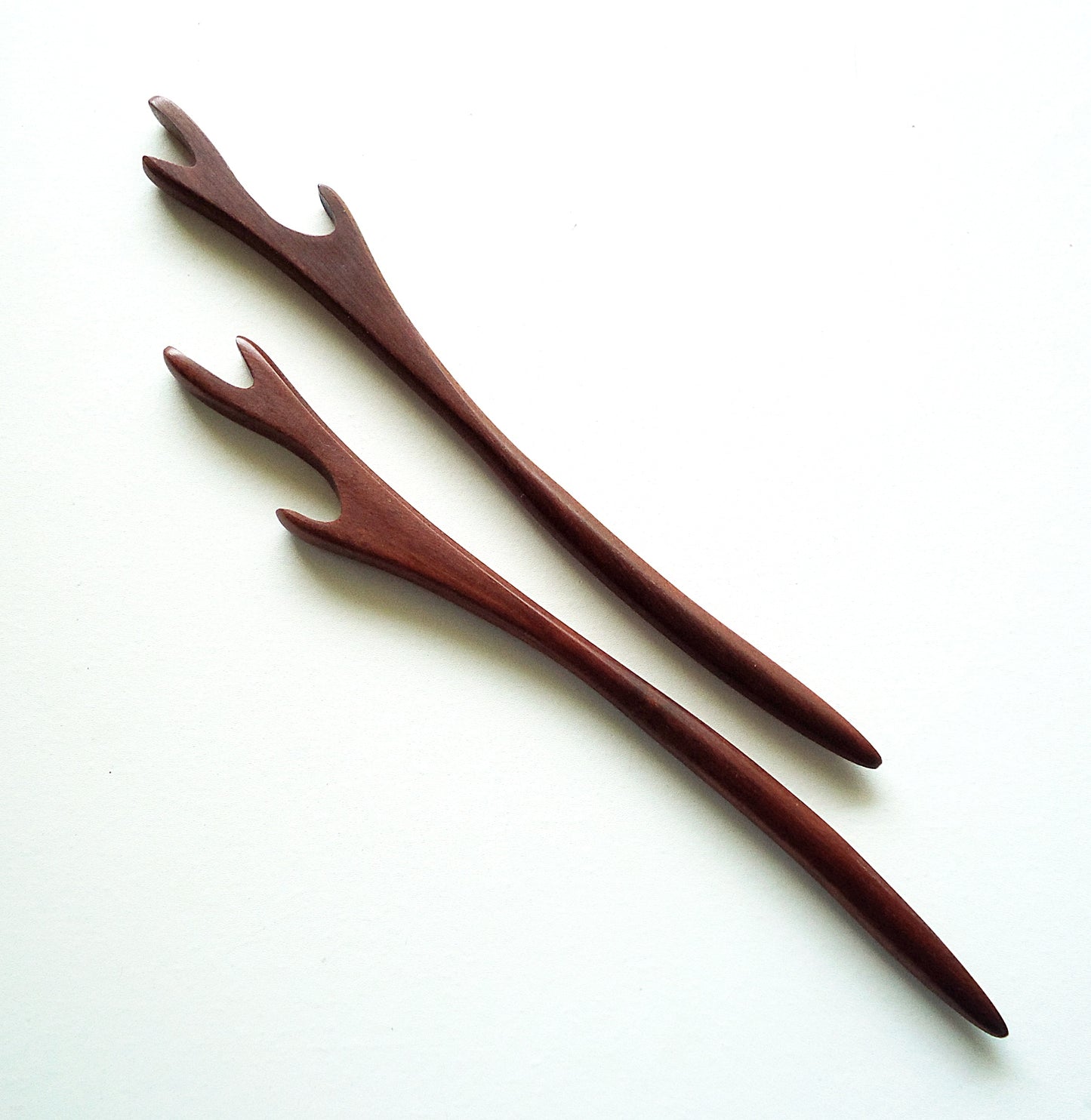 Seven Inch Sturdy Wooden Hair Sticks, Carved, Leaves, Swirls, Antlers, Tendrils, Graduated Circles, Hearts, Open Waves