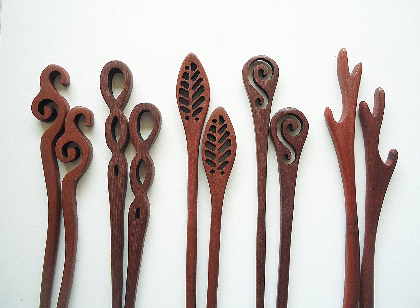 Seven Inch Sturdy Wooden Hair Sticks, Carved, Leaves, Swirls, Antlers, Tendrils, Graduated Circles, Hearts, Open Waves