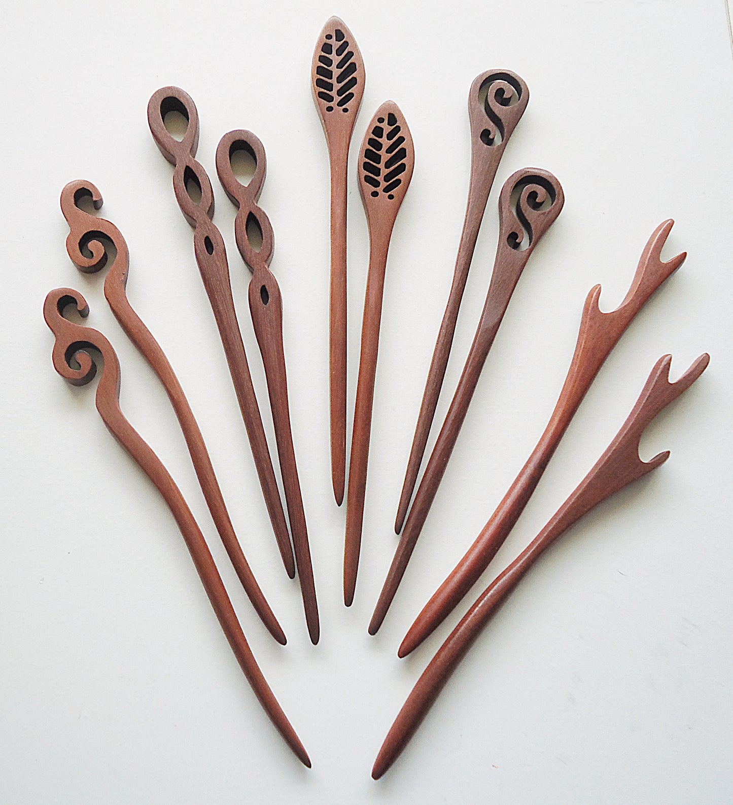 Seven Inch Sturdy Wooden Hair Sticks, Carved, Leaves, Swirls, Antlers, Tendrils, Graduated Circles, Hearts, Open Waves
