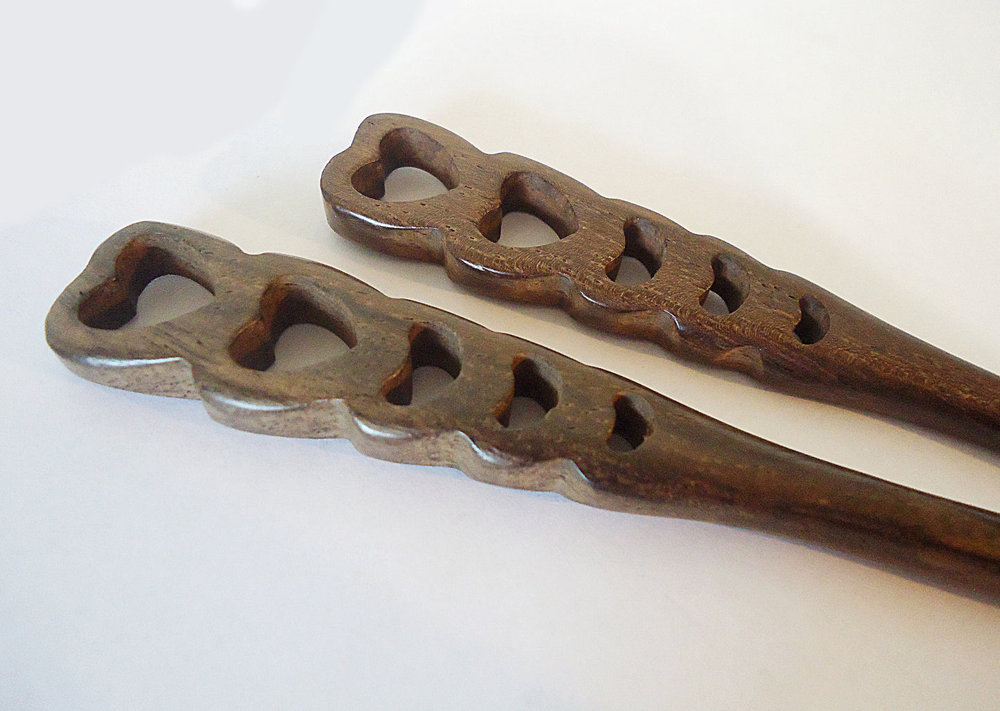 Seven Inch Sturdy Wooden Hair Sticks, Carved, Leaves, Swirls, Antlers, Tendrils, Graduated Circles, Hearts, Open Waves