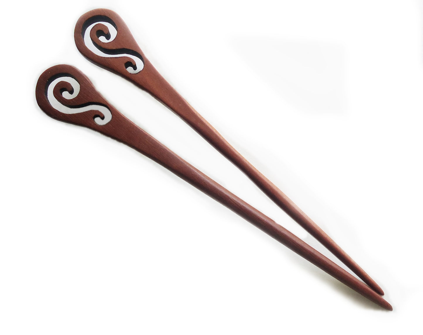 Seven Inch Sturdy Wooden Hair Sticks, Carved, Leaves, Swirls, Antlers, Tendrils, Graduated Circles, Hearts, Open Waves