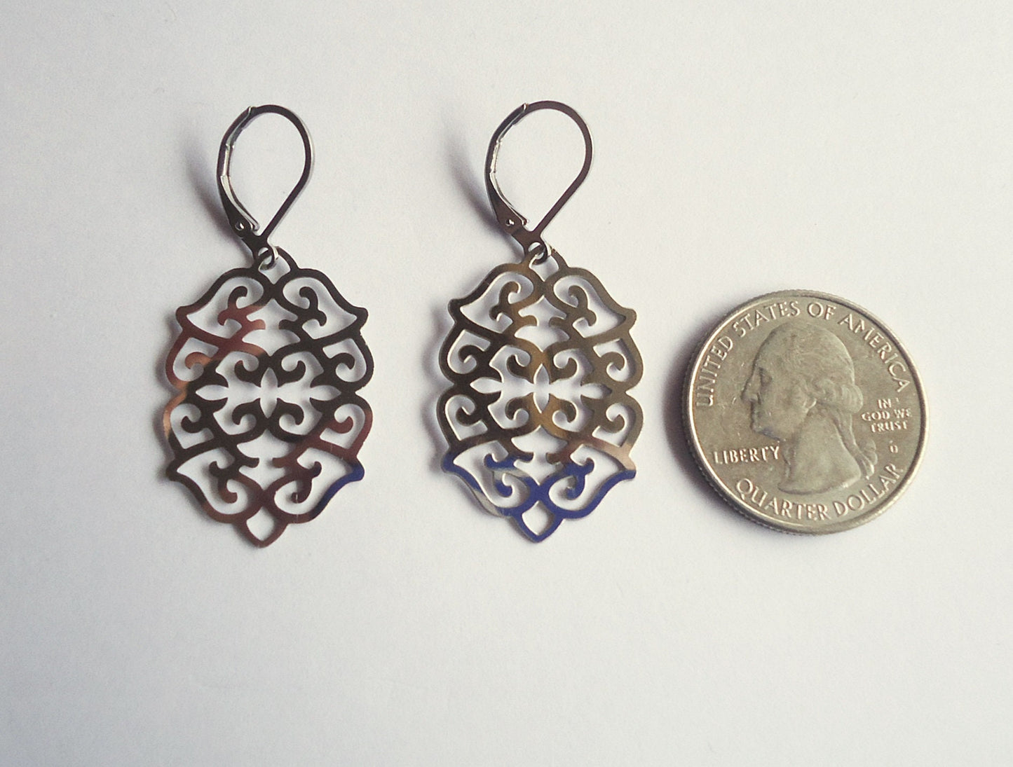 Silver Stainless Steel Ornate Earrings, Lightweight Leverbacks, Non-Tarnishing, Hypoallergenic, 1" Dangle