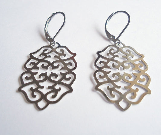 Silver Stainless Steel Ornate Earrings, Lightweight Leverbacks, Non-Tarnishing, Hypoallergenic, 1" Dangle