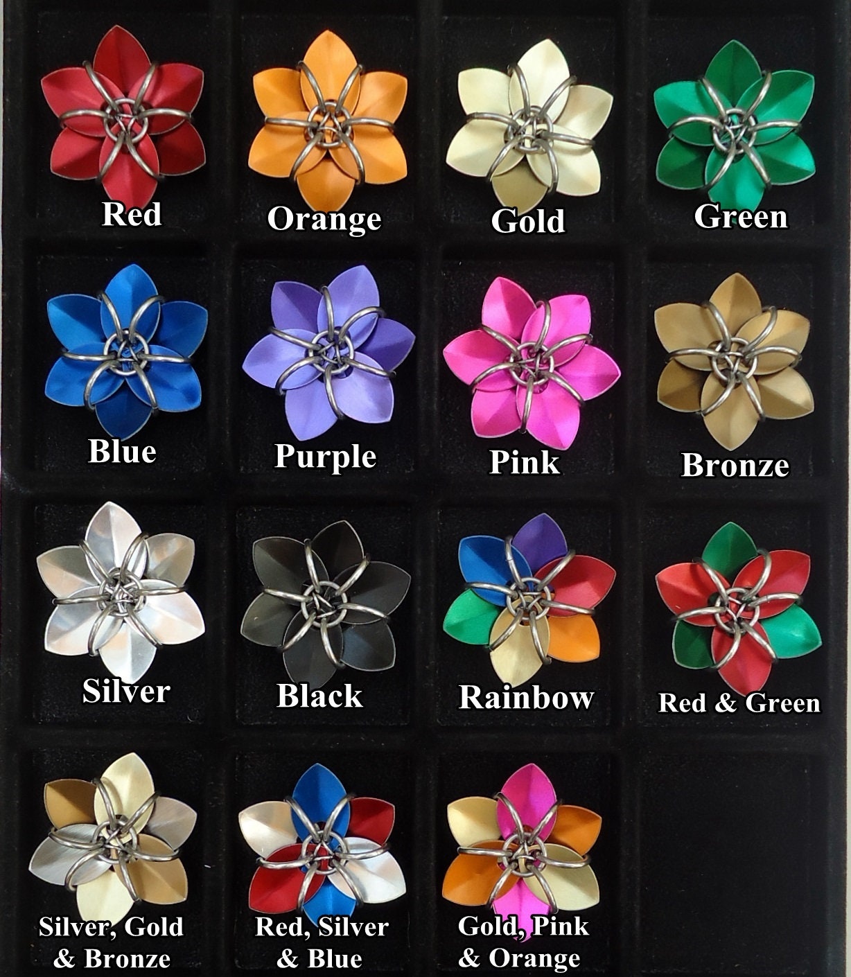 Pair of Black Six Inch Wooden Hair Sticks with Metallic Red Flowers