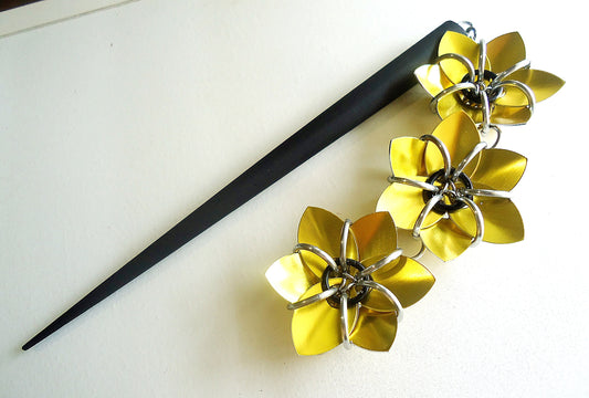 Black Hair Stick - Three Flowers - Bright Yellow - Sunflower