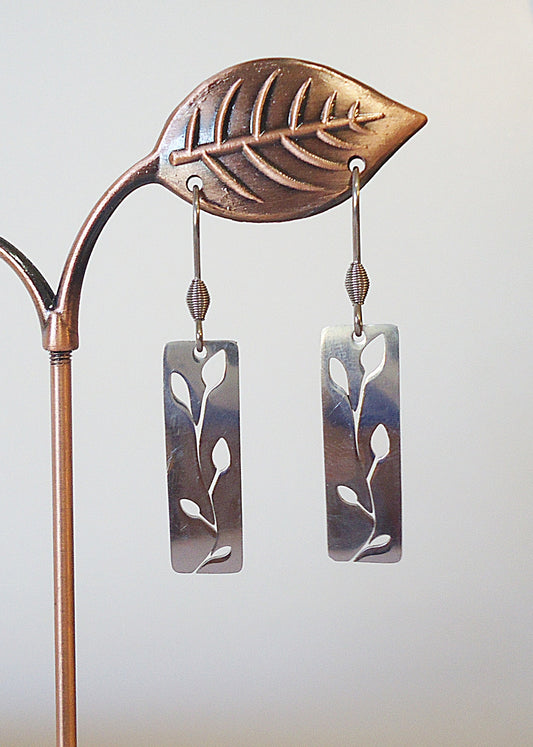 Carved Branch and Leaf Earrings, Stainless Steel, One Inch Drop, Non-Tarnishing, Hypoallergenic