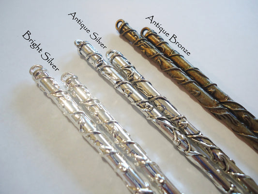 Metal Hair Sticks with Vines, 5 Inches Long, Bright Silver, Antique Silver, or Antique Bronze with Loop