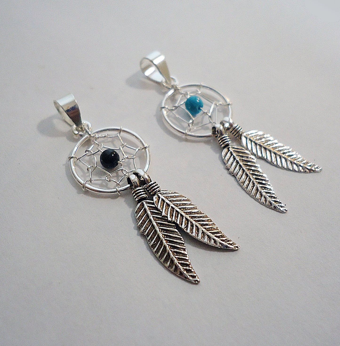 Sterling Silver Dreamcatcher Pendants with Feathers, Black or Turquoise, Soldered Bails, 1 3/16" Tall, Wire wrapped stones