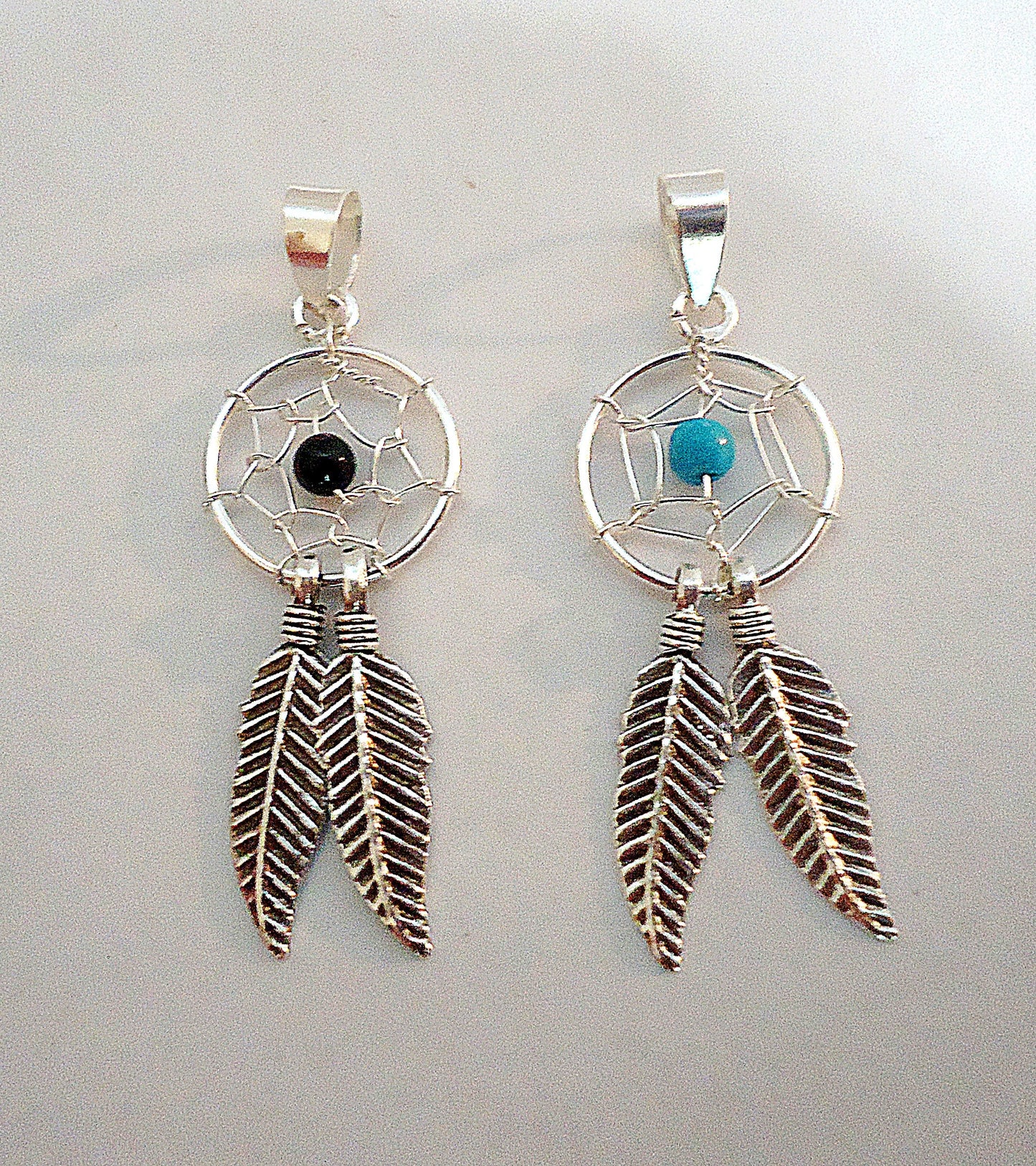 Sterling Silver Dreamcatcher Pendants with Feathers, Black or Turquoise, Soldered Bails, 1 3/16" Tall, Wire wrapped stones