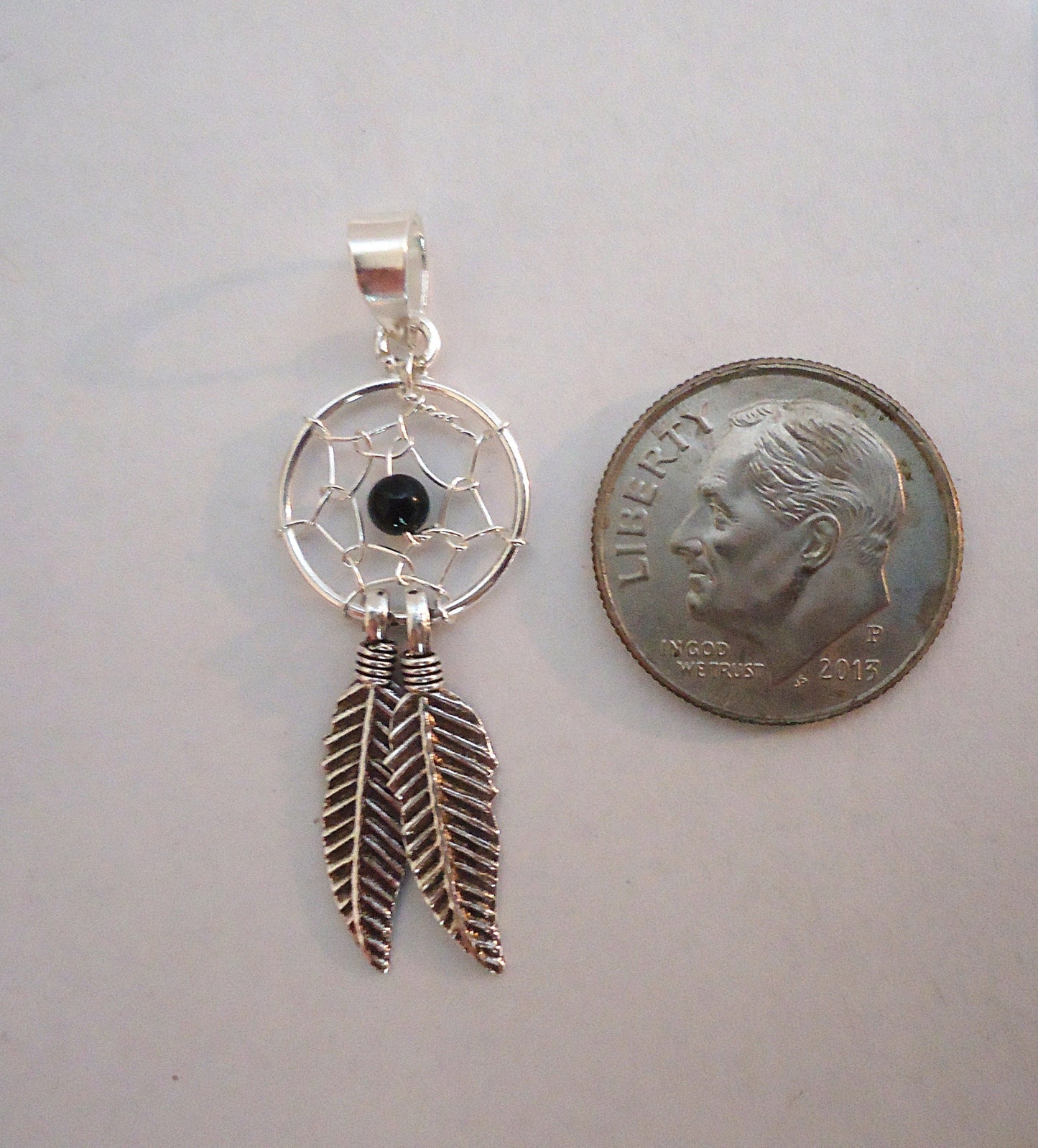 Sterling Silver Dreamcatcher Pendants with Feathers, Black or Turquoise, Soldered Bails, 1 3/16" Tall, Wire wrapped stones