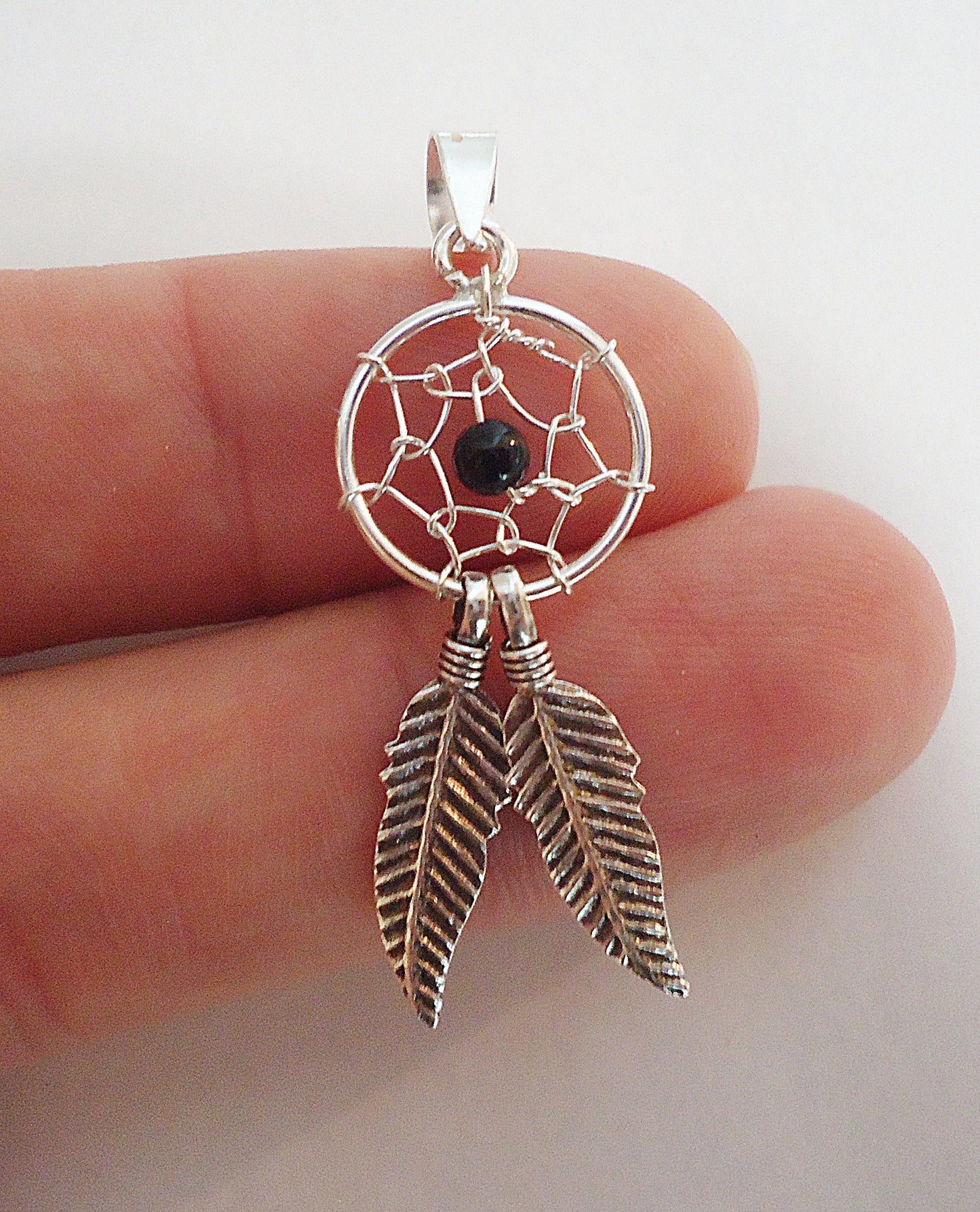 Sterling Silver Dreamcatcher Pendants with Feathers, Black or Turquoise, Soldered Bails, 1 3/16" Tall, Wire wrapped stones