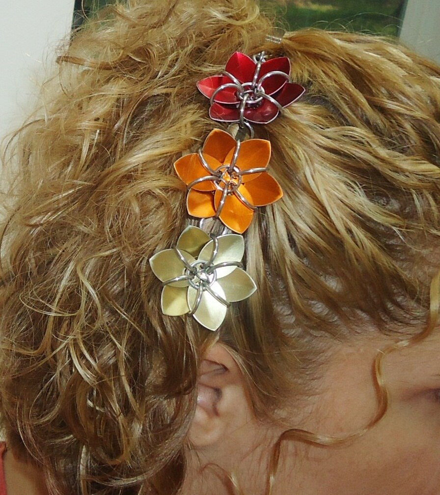 Hair Stick - Three Metallic Flowers - Violet Purple - Antique Silver 5" Hair Sick with Wrapping Vines and Metallic Flower Dangle