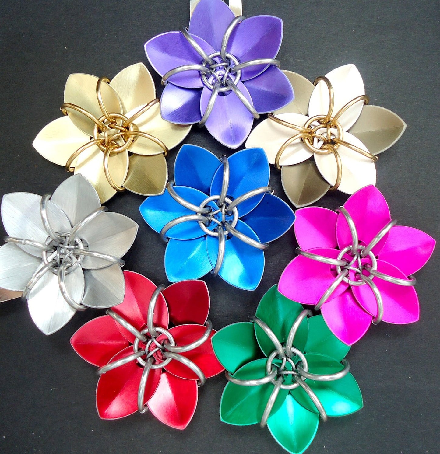 Metal Hair Stick - Three Flowers - Peacock! Green, Blue, and Purple - Antique Silver Hair Stick with Wrapping Vines
