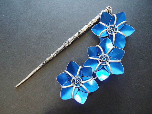 Hair Stick - Three Flowers - Cobalt Royal Blue and Silver, Metallic Blue and Antique Silver Hair Stick with Wrapping Vines
