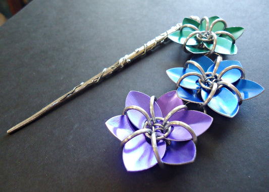 Metal Hair Stick - Three Flowers - Peacock! Green, Blue, and Purple - Antique Silver Hair Stick with Wrapping Vines