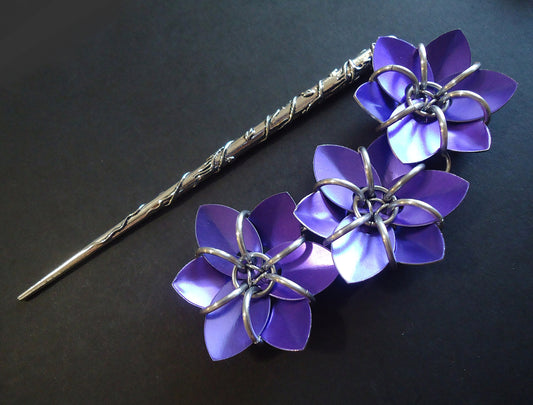 Hair Stick - Three Metallic Flowers - Violet Purple - Antique Silver 5" Hair Sick with Wrapping Vines and Metallic Flower Dangle