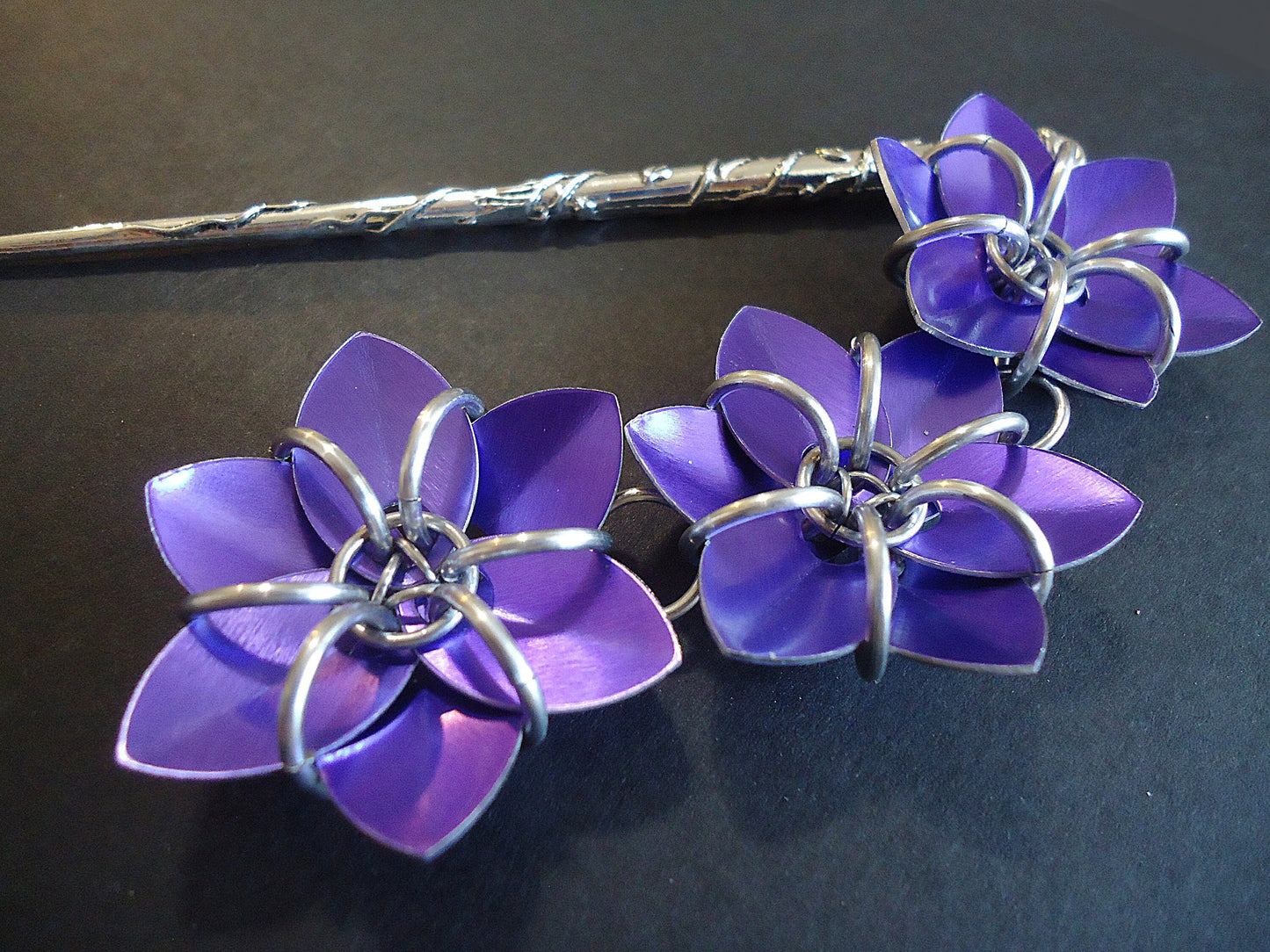 Hair Stick - Three Metallic Flowers - Violet Purple - Antique Silver 5" Hair Sick with Wrapping Vines and Metallic Flower Dangle