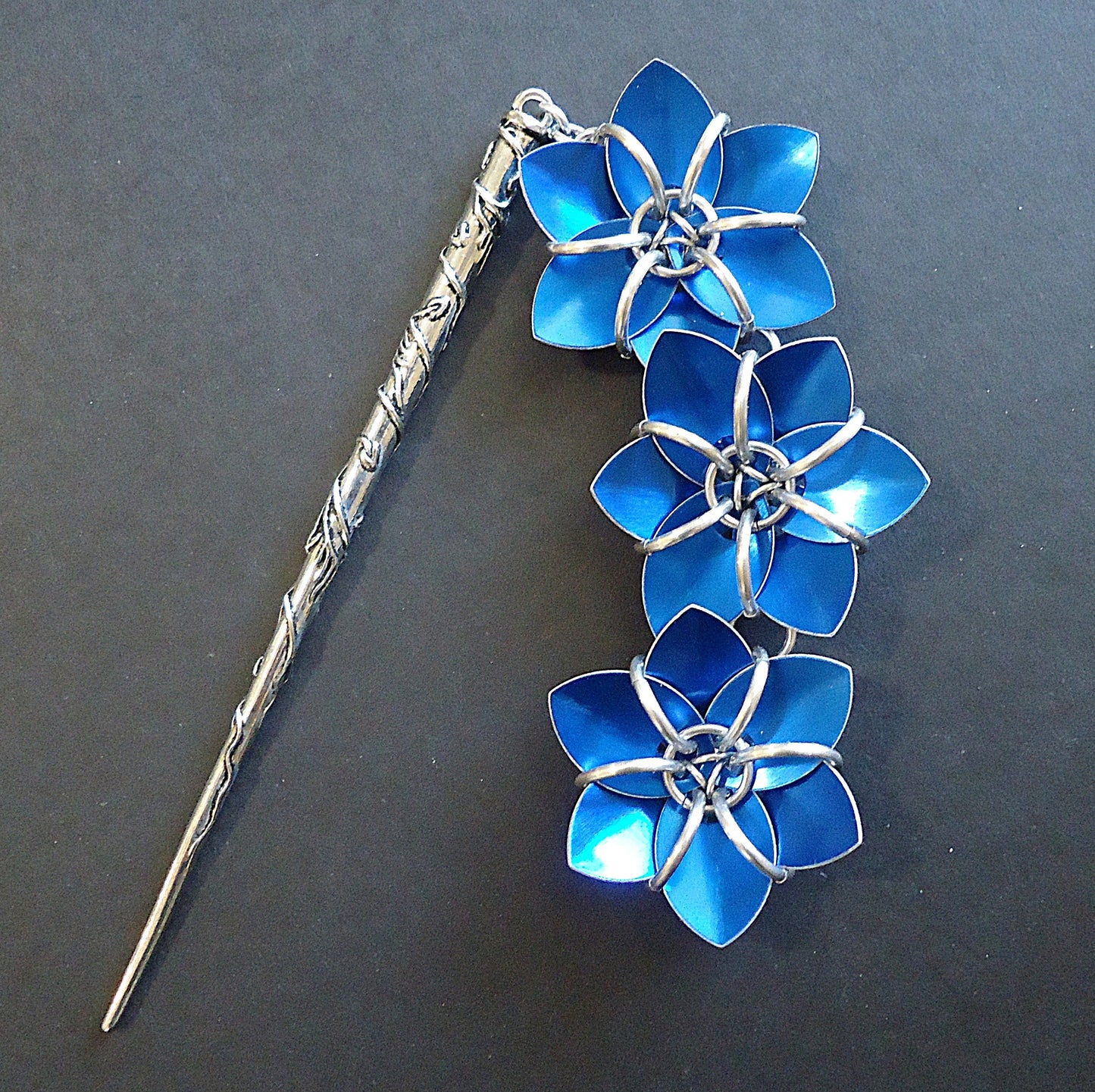 Hair Stick - Three Flowers - Cobalt Royal Blue and Silver, Metallic Blue and Antique Silver Hair Stick with Wrapping Vines