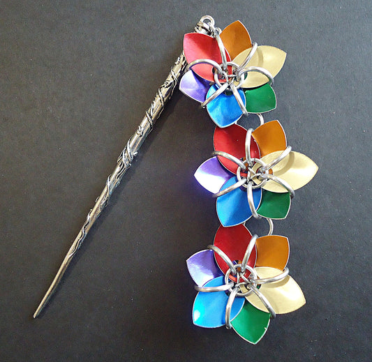 Hair Stick - Three Rainbow Flowers -