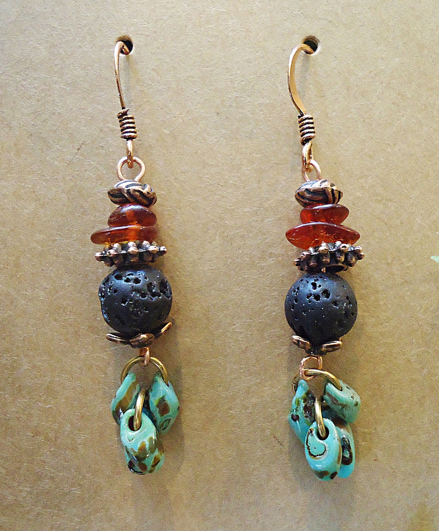 Lava Rock, Amber, Turquoise, and Copper Earrings, 1.5" Dangle Earrings