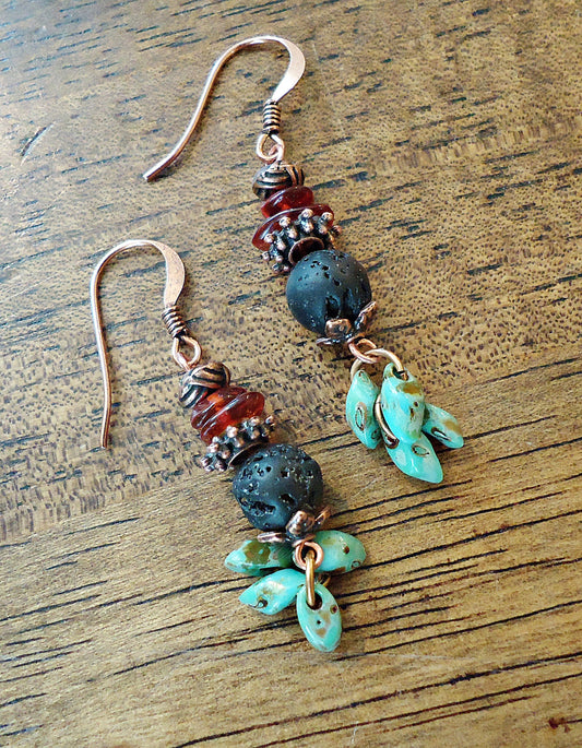 Lava Rock, Amber, Turquoise, and Copper Earrings, 1.5" Dangle Earrings