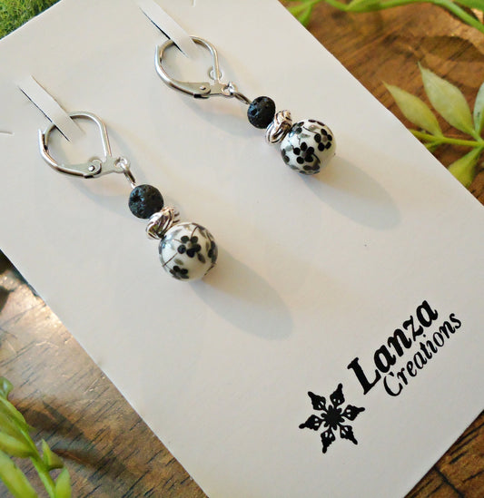 Classic Black & White Dangle Earrings, Porcelain Flower and Black Lava Rock Stone on Stainless Steel Leverback Earwire