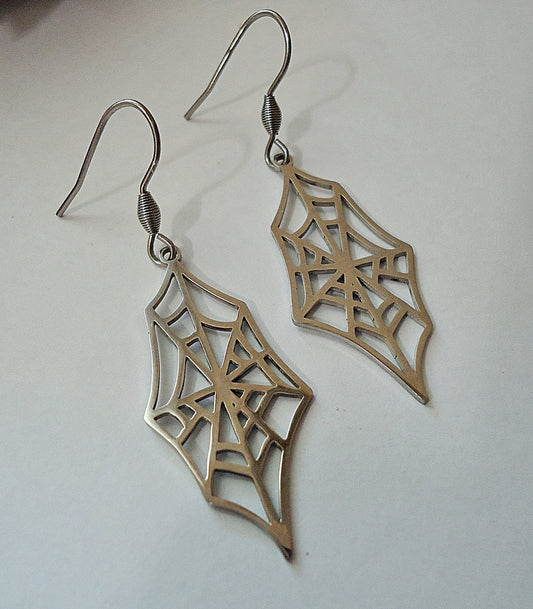Spider Web Earrings, Stainless Steel, Halloween Earrings, 1.5" Dangle Earrings, Silver color