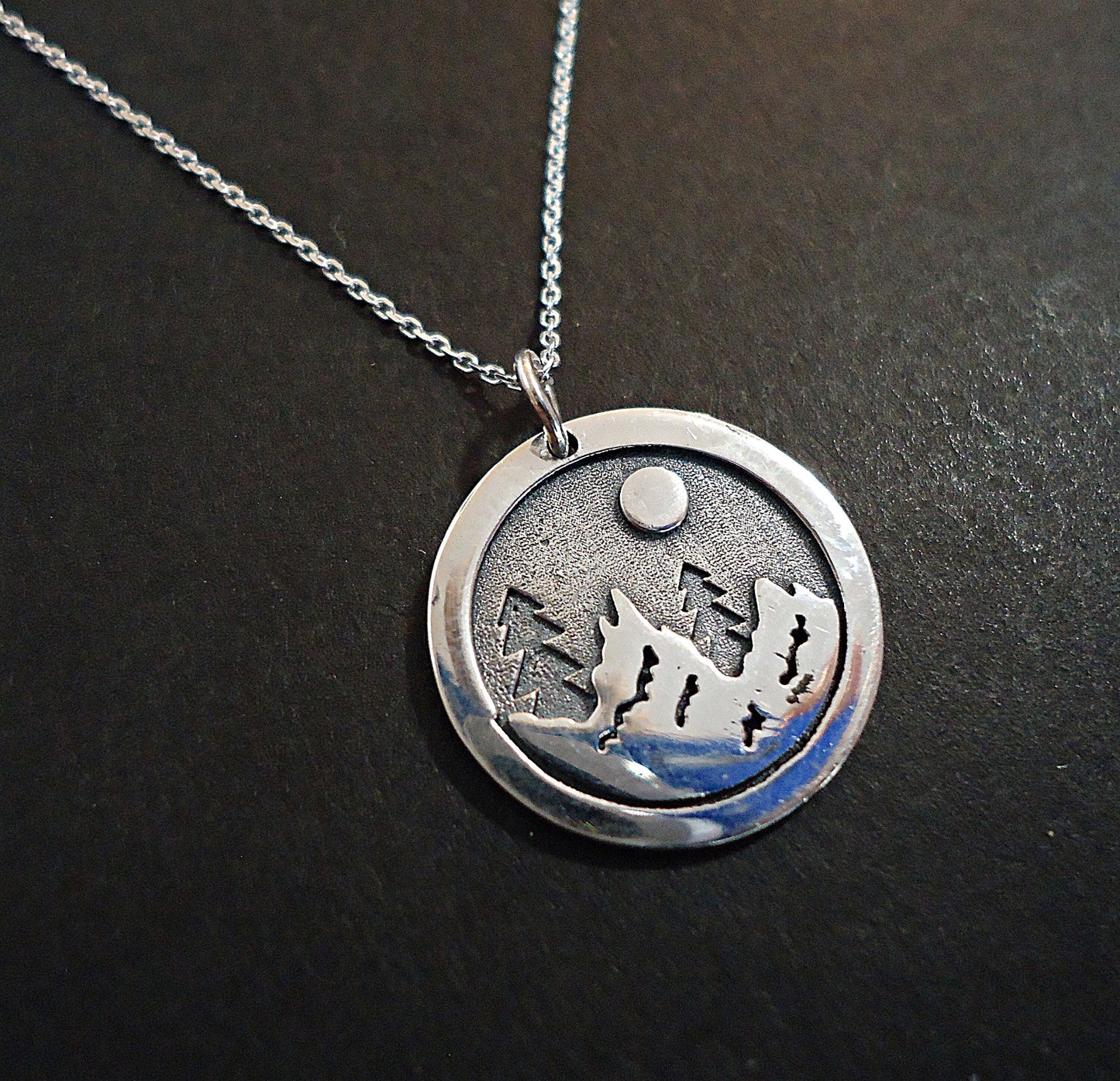 Moonlit Forest Necklace - Sterling Silver - Nature Lover - 18mm Pendant