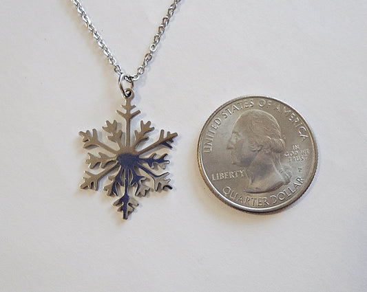 Stainless Steel Snowflake Necklace - 1" Pendant - Minimalist, Simple, Silver, Christmas, Winter, Non-tarnishing, Hypoallergenic