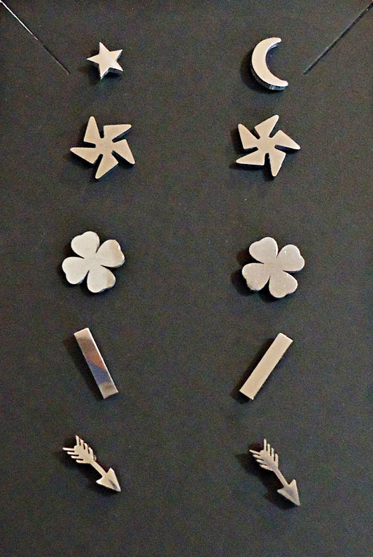Small Stainless Steel Stud Earrings, Four Leaf Clovers, Arrows, Bars, Pinwheels, Star and Moon