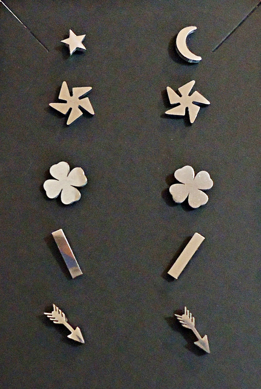 Small Stainless Steel Stud Earrings, Arrows, Bars, Four Leaf Clovers, Pinwheels, Star and Moon