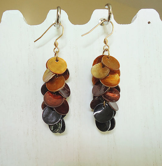 Mother of Pearl Dark Ombre Dangle Earrings, Seashell, Gold, Black, Maroon