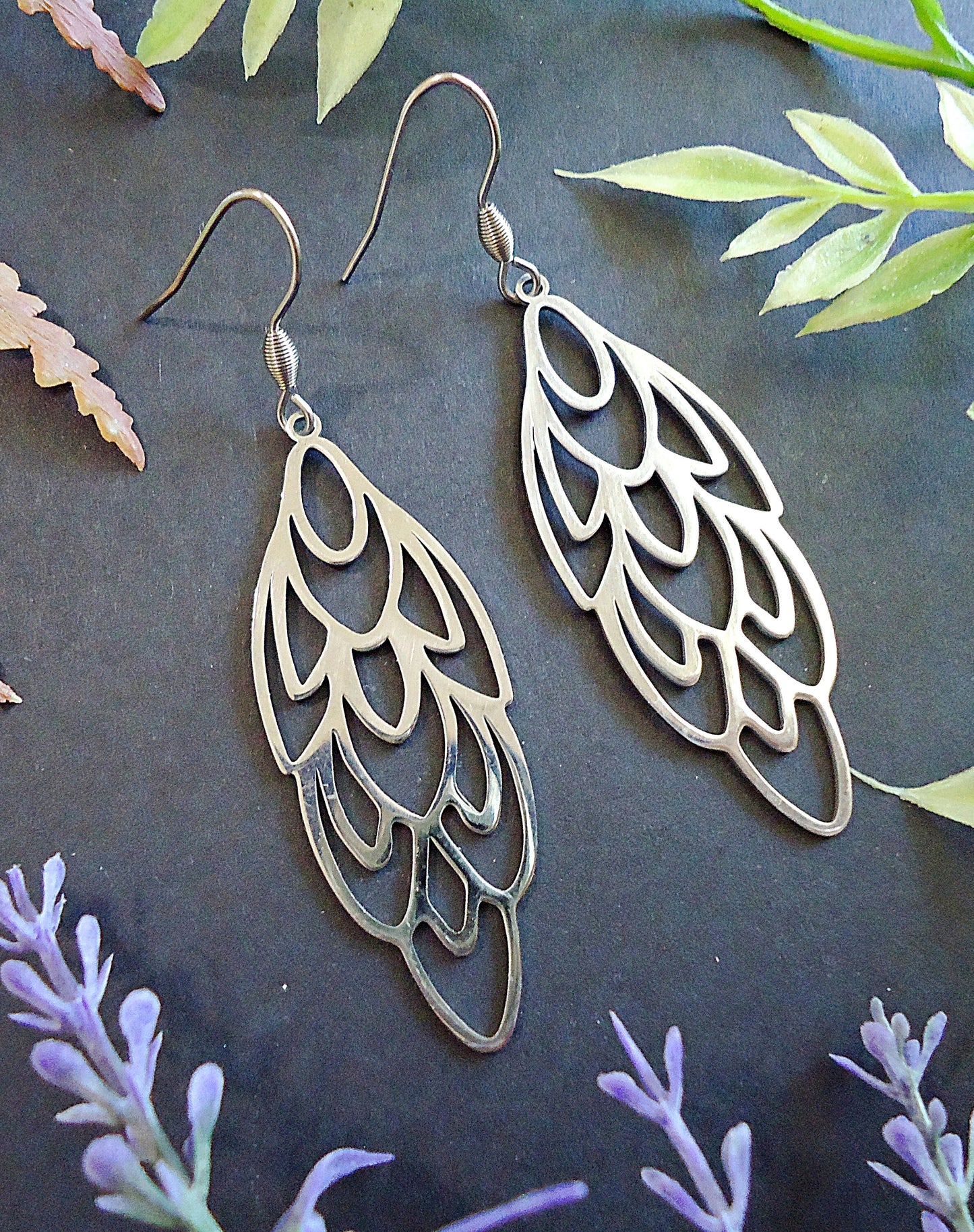 Stainless Steel Earrings, Abstract Design, Feathers, Leaves, 2" Dangle Earrings, Silver color