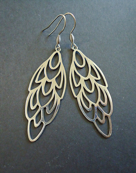 Stainless Steel Earrings, Abstract Design, Feathers, Leaves, 2" Dangle Earrings, Silver color