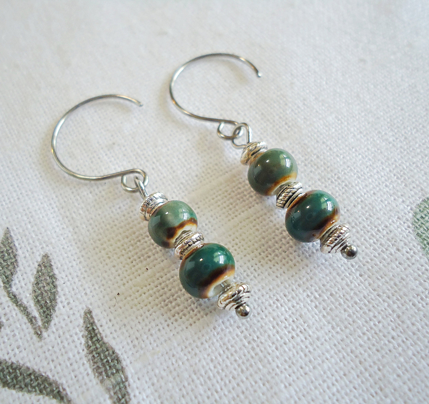 Small Porcelain Earrings, Dark Green, Stainless Steel