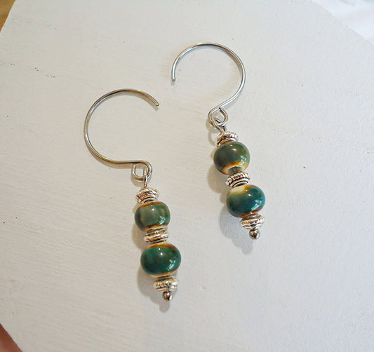 Small Porcelain Earrings, Dark Green, Stainless Steel