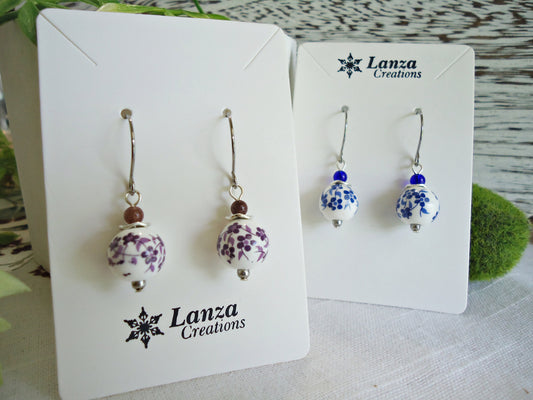 Porcelain Flower Earrings, Blue or Purple, Stainless Steel Earwire