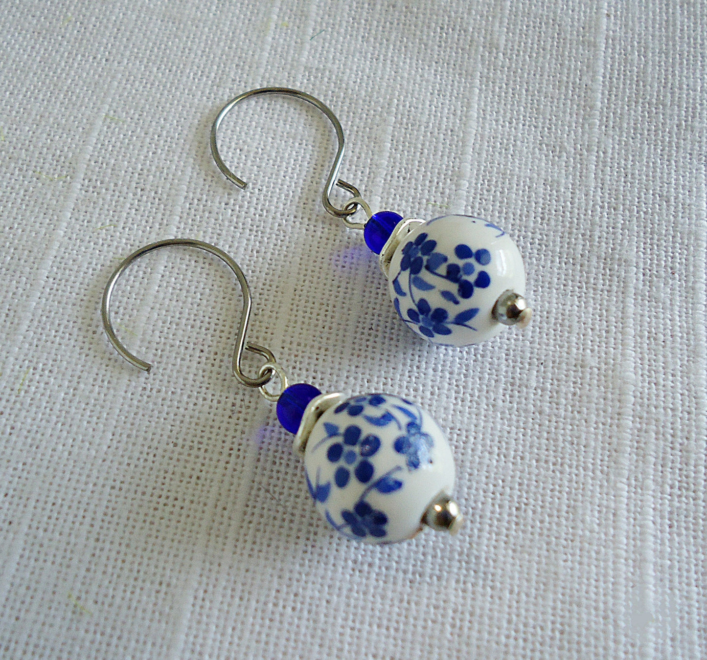 Porcelain Flower Earrings, Blue or Purple, Stainless Steel Earwire