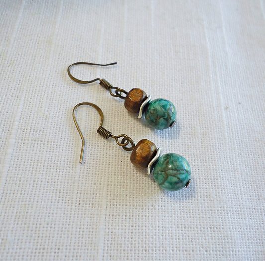 Dark Turquoise and Wood Earrings, Minimalist Earrings, Short Earthy Boho Dangle Earrings