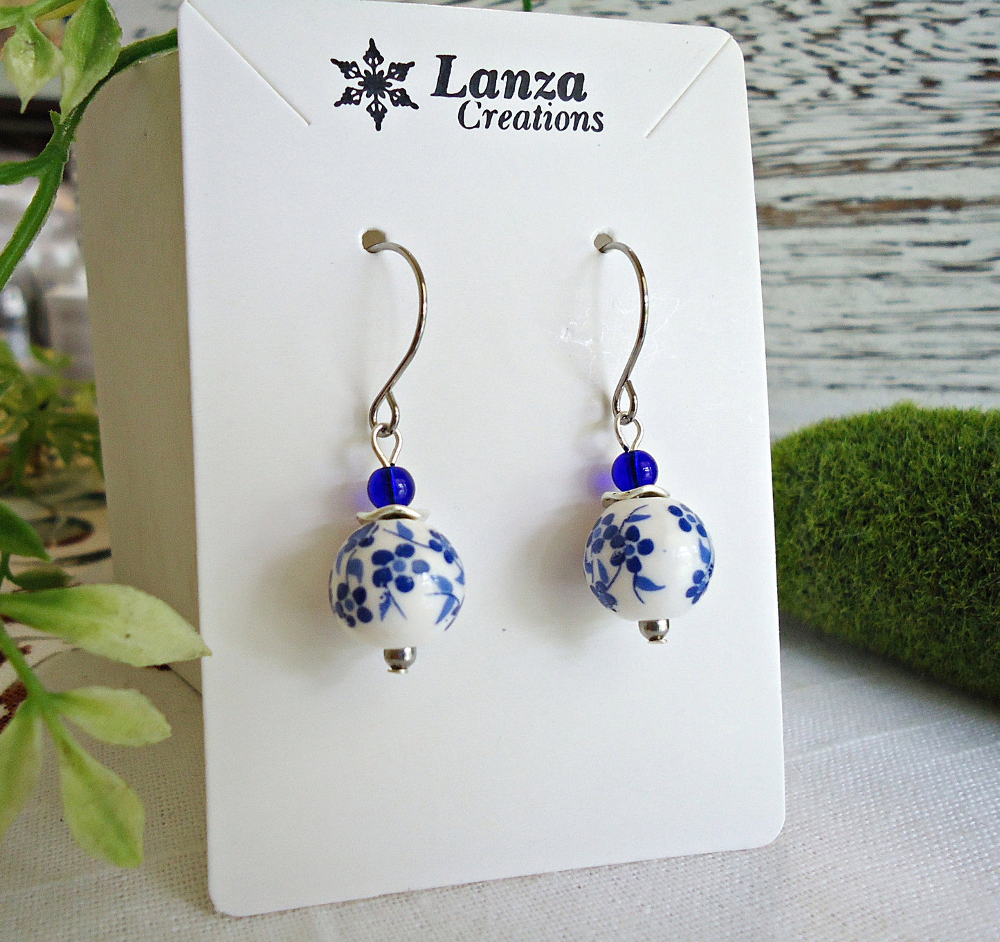 Porcelain Flower Earrings, Blue or Purple, Stainless Steel Earwire