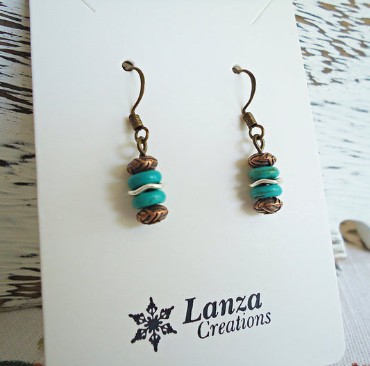 Mini Earrings, Turquoise and Copper, 1/2" Dangle