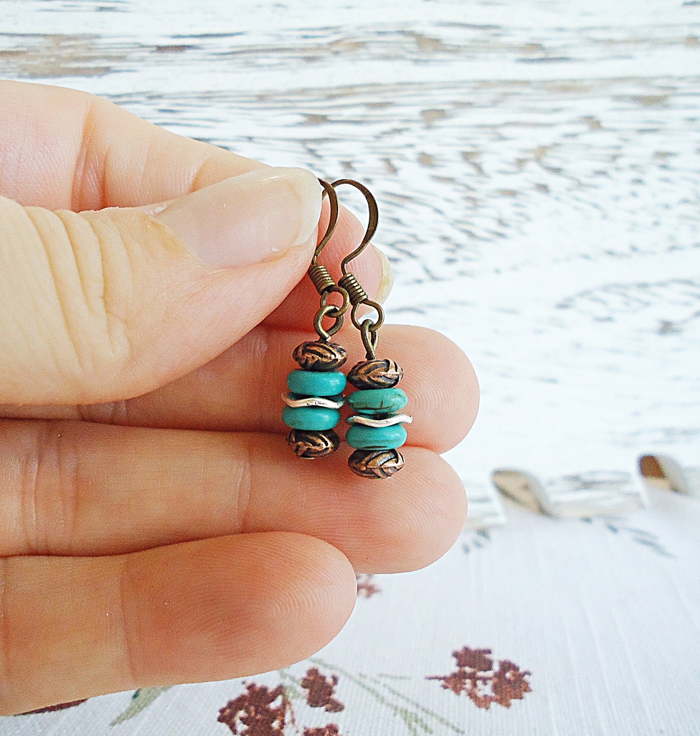 Mini Earrings, Turquoise and Copper, 1/2" Dangle