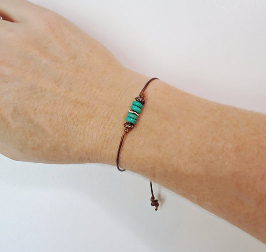 Turquoise and Copper, Brown Cord Adjustable Bracelet