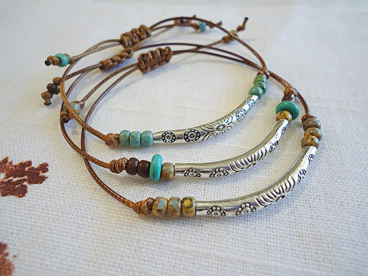 Southwestern Bracelet, Silver, Turquoise, Brown, Adjustable Slide Knot Bracelet